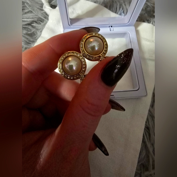 Christian Dior Opal W/ Rhinestone Gold Plated Clip On Earrings (W/ DUST BAG) - Picture 6 of 6